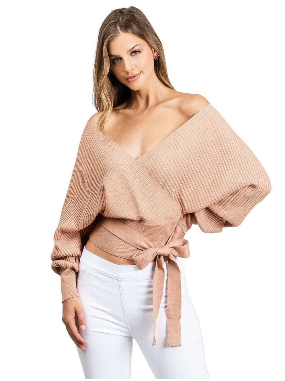 Love Tree Ribbed Tie Waist Surplice V-Neck Tie Back Taupe Brown Sweater Size M
